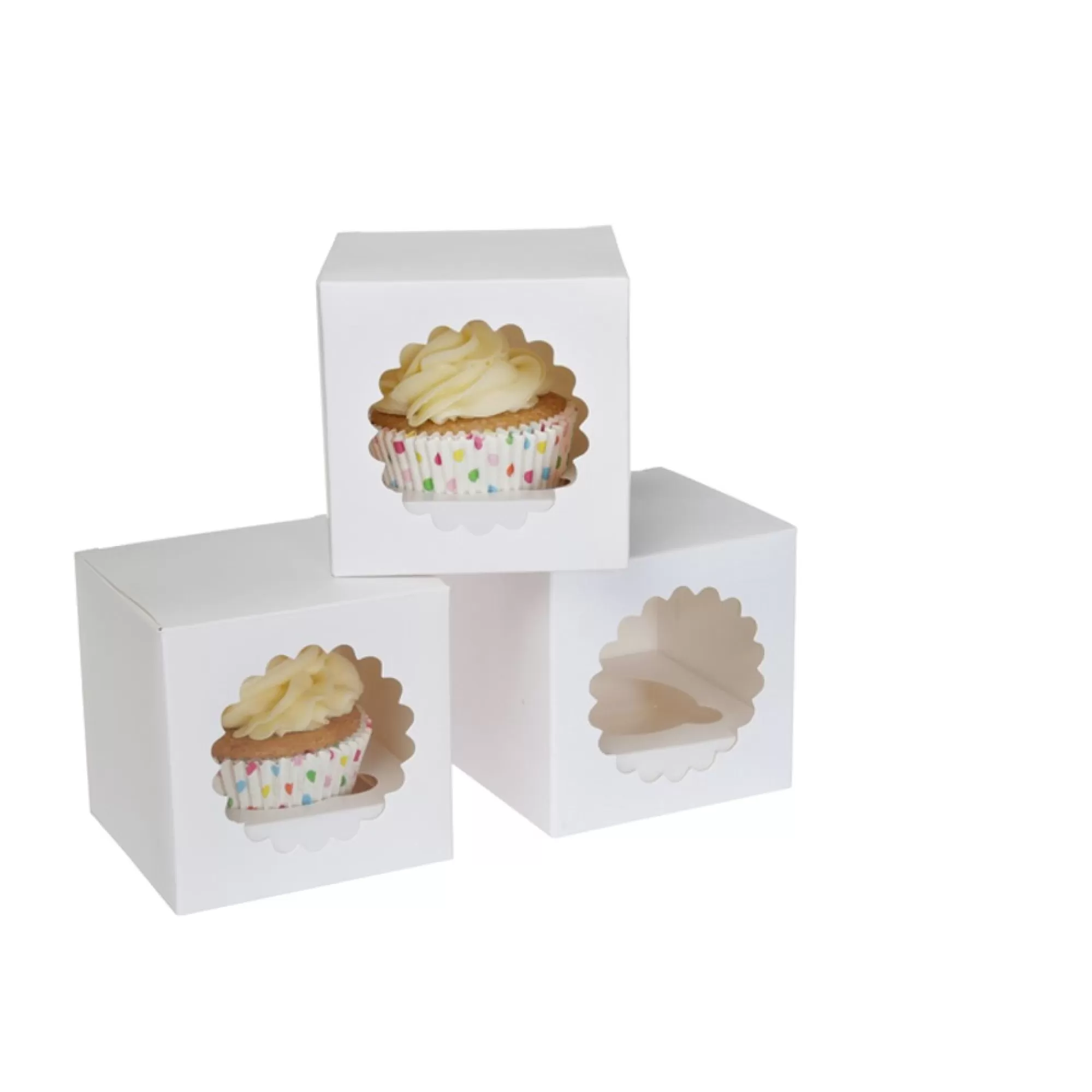 New Doosje Voor 1 Cupcake Met Pla Venster Wit 90X90X90Mm Incl. Houder 3 Stuks Desserts