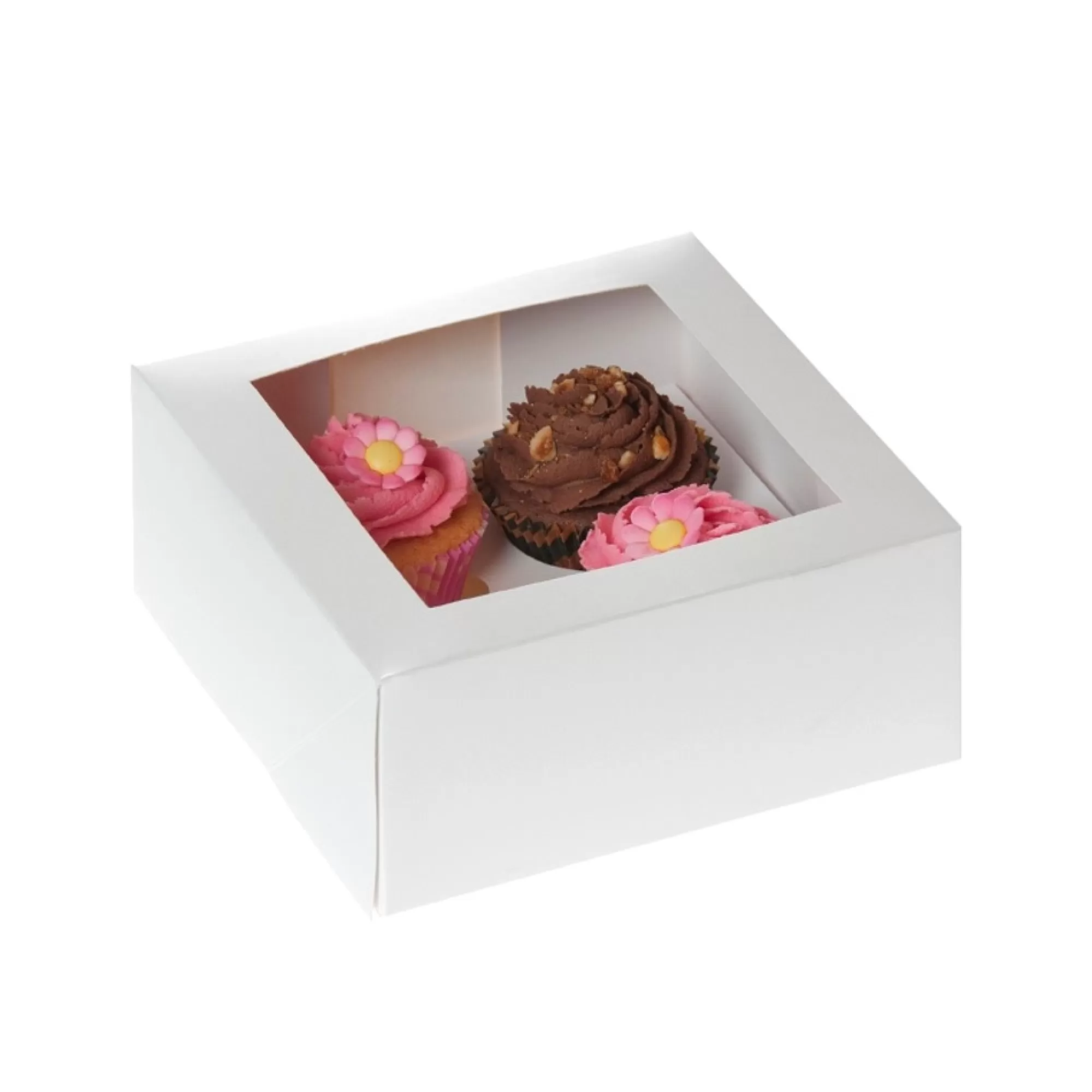 Outlet Doosje Voor 4 Cupcakes Met Pla Venster Wit 180X180X90Mm Incl. Houder 2 Stuks Desserts