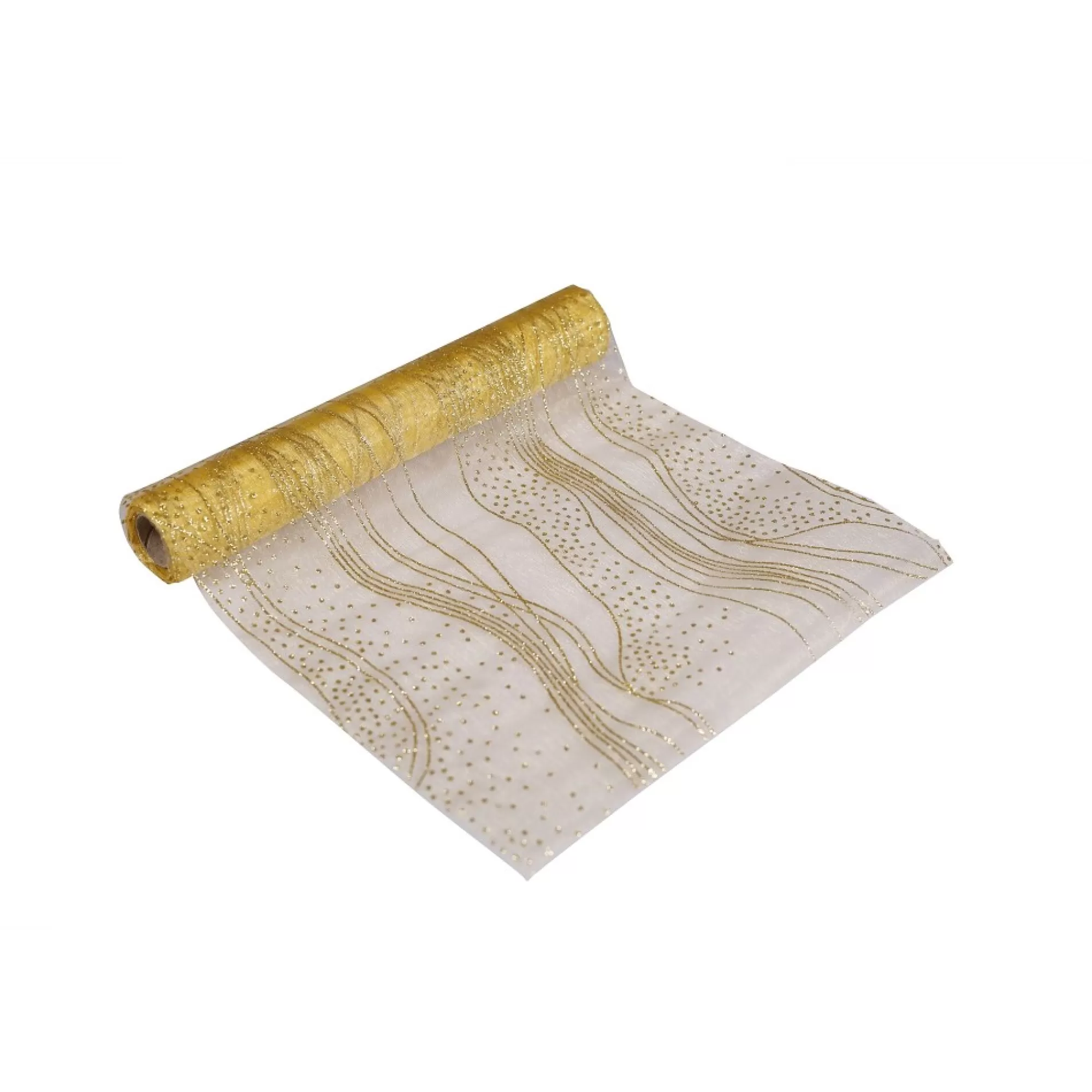 Best Sale Tafelloper Organza Lines & Dots Goud Met Gouden Glitter 5M X 28Cm Tafellopers