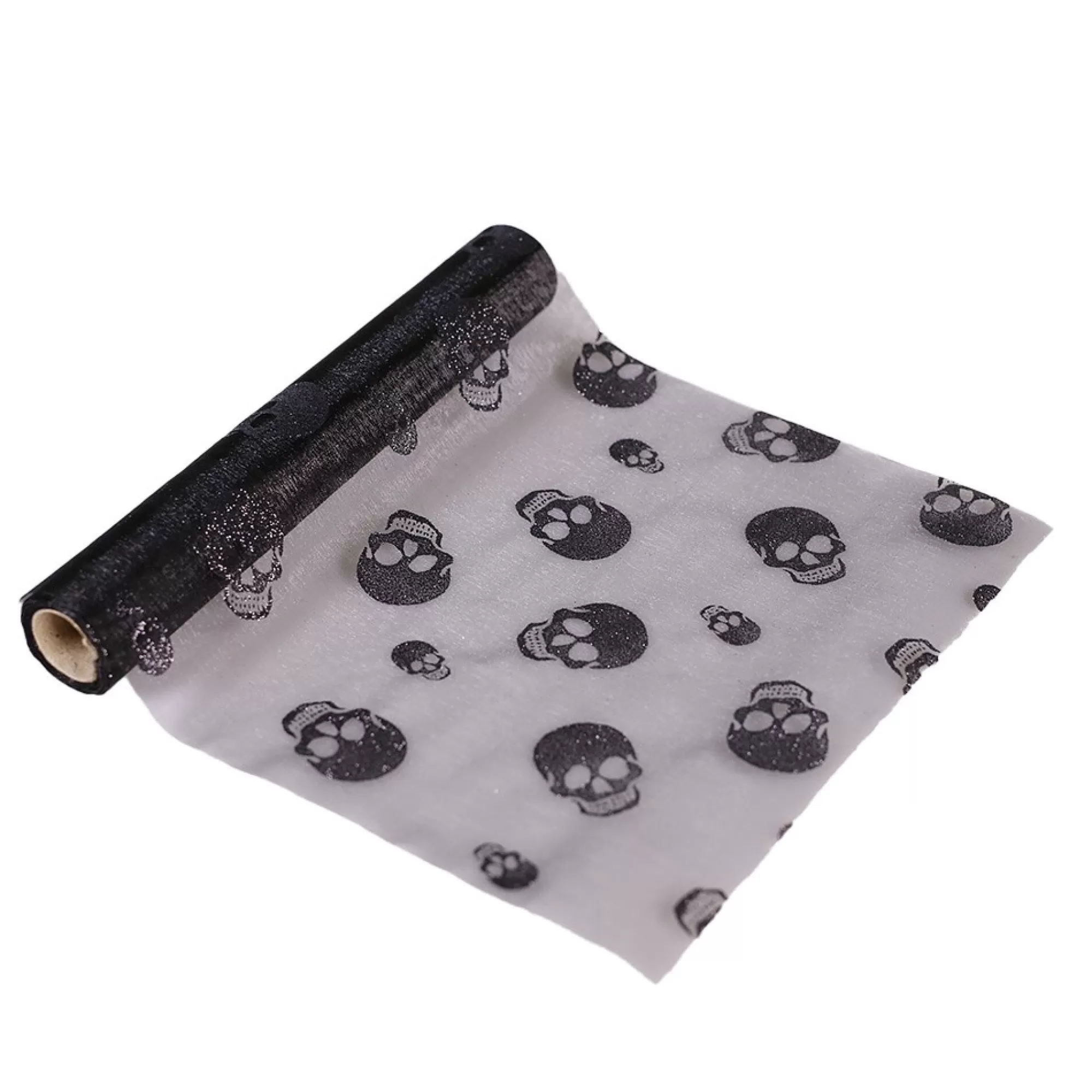Fashion Tafelloper Organza Zwart Met Zwarte Doodskoppen 5M X 28Cm Tafellopers
